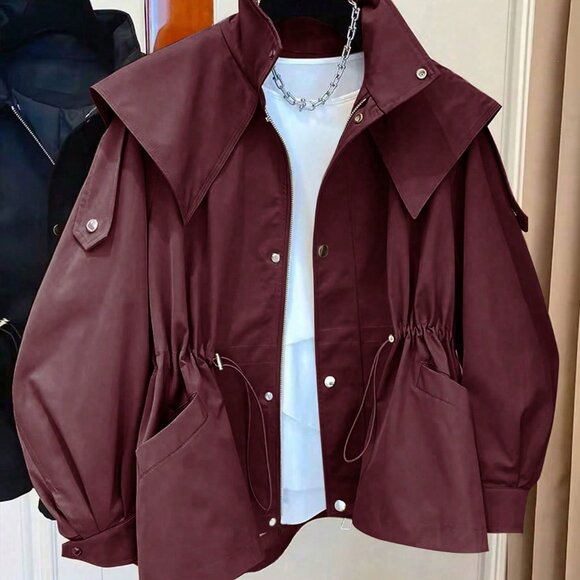 Jackets & Blazers - Burgundy Casual Women's Drawstring Pocket Front Button Trench Coat